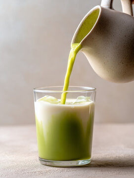 Matcha latte being poured in a glass. Soft natural light, minimal Japanese  green tea ceremony, scattered matcha tea powder around. Beige Scandi background. Calming drink.