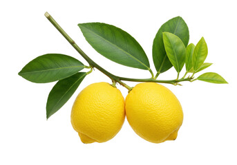 Isolated yellow lemons on a stem with green leaves of the lemon tree, raw fruit, fresh juice