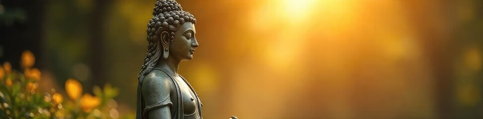 Obraz premium Serene goddess statue, bathed in soft sunlight, embodying spiritual awakening and inner peace Perfect for meditation, yoga, and spiritual content , ethereal, mindfulness