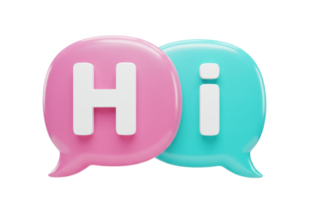 Isolated chat bubble render illustration showing hi, communication dialog message pink and blue