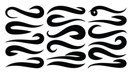 Hand drown swirl swashes. Abstract Swash Vector Pack. Swish typography font elements for athletics, baseball, football decoration. Calligraphy swirls, text tails swoosh vector illustration. 