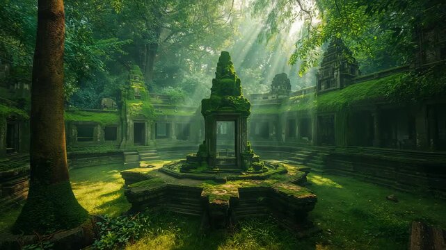Streaming sunlight moving shadows across mossy courtyard at temple ruins revealing octagonal shrine