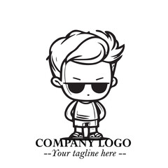 Black and White Chibi Boy Illustration with Jacket and Boots in Bold Thick Line Art Minimal Style
