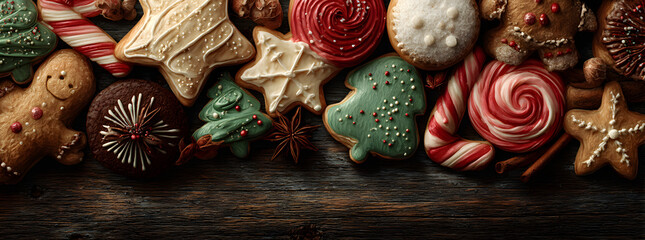 Fototapeta premium Cute Christmas sweets and cookie side border. Overhead view on a rustic dark wood banner background with copy space. Fun holiday baking concept.