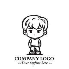 Black and White Chibi Boy Illustration with Jacket and Boots in Bold Thick Line Art Minimal Style
