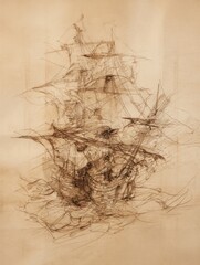 Fototapeta premium Detailed pencil sketch of a sailing vessel on aged paper background