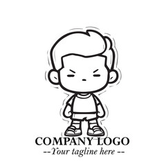 Black and White Chibi Boy Illustration with Jacket and Boots in Bold Thick Line Art Minimal Style
