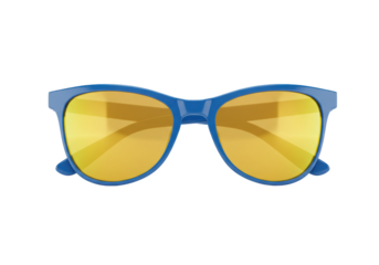 Isolated blue-framed sunglasses with amber-tinted lenses on a light surface, stylish eyewear