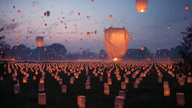 Opening footage showing camera zooming toward rising lit lantern above grassy field revealing glow