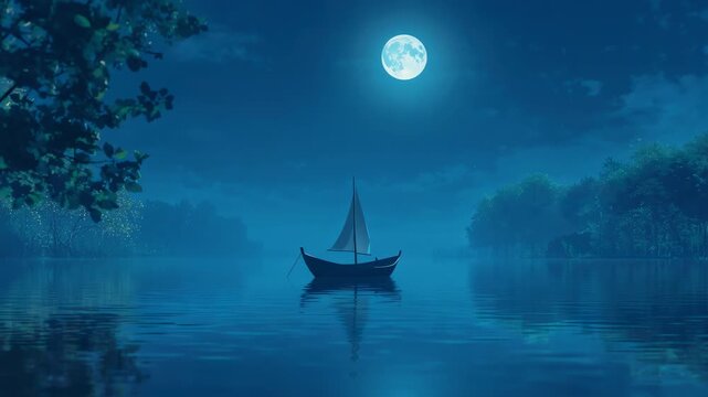 Soft breeze creating ripples around sailboat on lake under full moonlight, fireflies glimmering