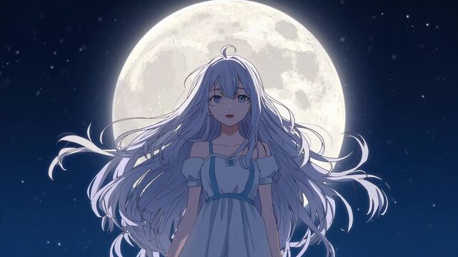 Breeze sparking silver-haired figure drifting hair lowering eyelids reflecting opening eyes by moon