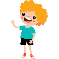 Smiling Boy With Orange Curly Hair Wearing A Teal T Shirt And Black Shorts Waving Hello With A Transparent Background