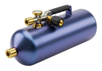 Isolated blue metal pressure tank with valve and gauge for industrial equipment use