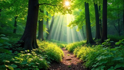 Obraz premium Sun-dappled forest floor in a pristine wilderness area, lush green canopy overhead, sunlight filtering through leaves, peaceful and serene nature scene , vegetation, wild