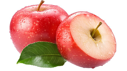 Fresh red apples with water droplets and a green leaf against a black studio background