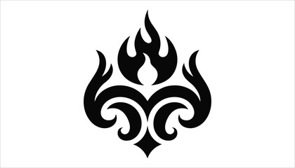 Black tribal flame and scrollwork design element on white background fire