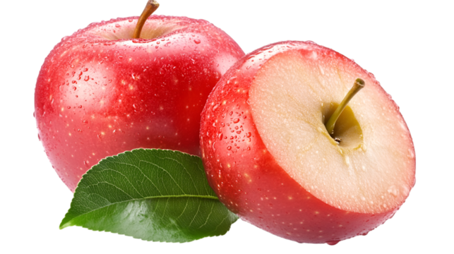 Fresh red apples with water droplets and a green leaf against a black studio background