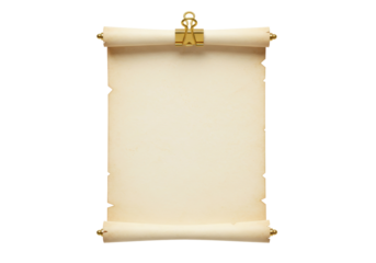 Isolated blank aged parchment scroll with golden clasp, vintage paper for text message