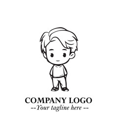 Black and White Chibi Boy Illustration with Jacket and Boots in Bold Thick Line Art Minimal Style
