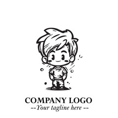 Black and White Chibi Boy Illustration with Jacket and Boots in Bold Thick Line Art Minimal Style
