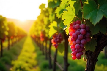 Fototapeta premium Sun-drenched rows of ripe grapes hanging heavy on the vine, ready for harvest in a picturesque vineyard Golden sunlight illuminates the lush landscape , vineyard, winery