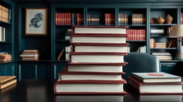 An office workspace features stacks of brown folders filled with documents on a black desk during the day. 4k video