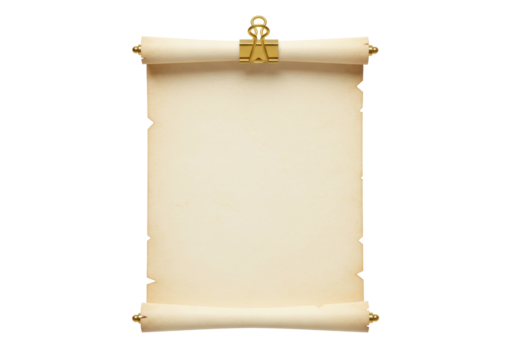 Isolated blank aged parchment scroll with golden clasp, vintage paper for text message