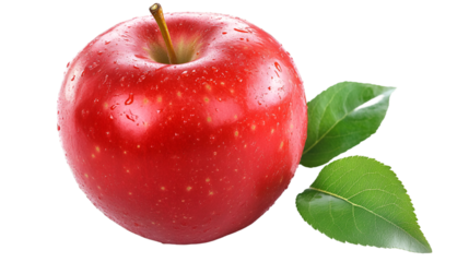Fresh red apple with water droplets and green leaves against a stark close up