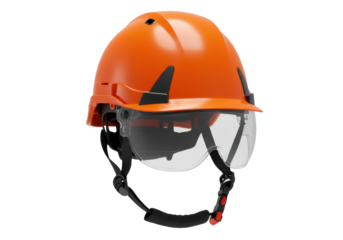 Isolated, vivid orange safety helmet with eye protection, personal protective equipment