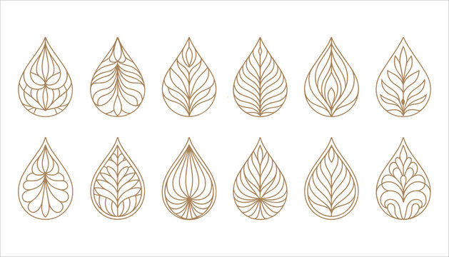 Collection of twelve decorative teardrop shaped line art elements with floral leaf patterns in gold brown