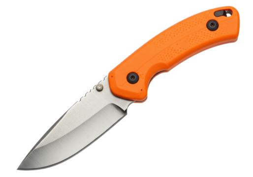 Isolated folding knife on seamless background, modern outdoor orange everyday carry blade