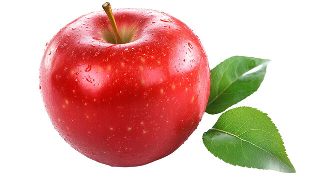 Fresh red apple with water droplets and green leaves against a stark close up - Powered by Adobe