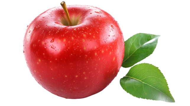 Fresh red apple with water droplets and green leaves against a stark close up