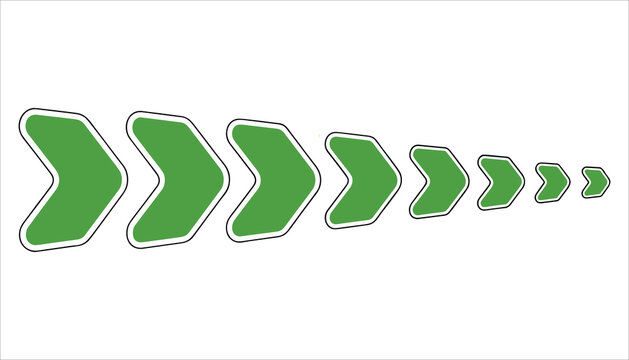 Series of green rounded chevron arrows increasing in size from right to left on white background vector