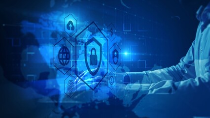 Digital Security Shield Concept with Global Network and Technology Icons