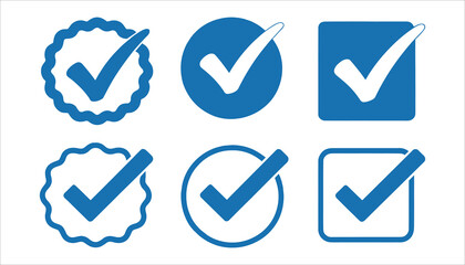 Six blue check mark icons in different shapes including circles squares and scalloped borders on white background