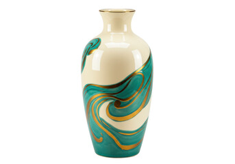 Isolated art vase with green and gold swirls, ornate pottery vase, decorative design