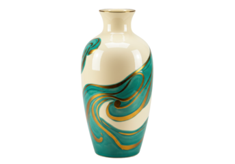 Isolated art vase with green and gold swirls, ornate pottery vase, decorative design