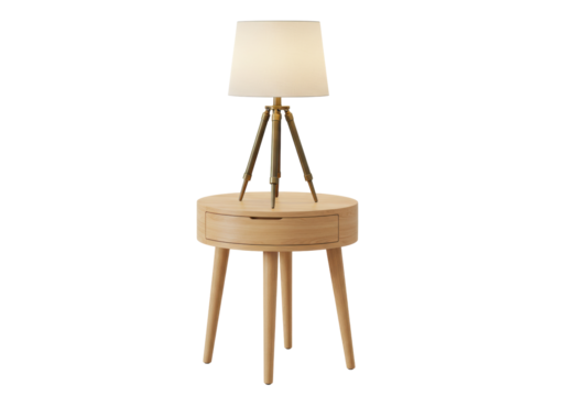 Isolated wood table lamp with shade sitting on a round end table with one drawer