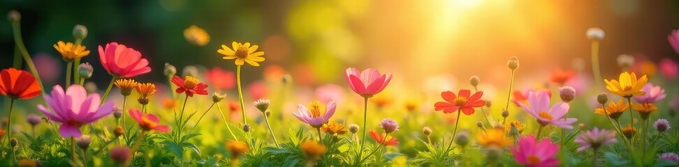 Fototapeta premium Vibrant wildflowers basking in the warm glow of sunlight, a picturesque scene of nature's beauty Perfect for spring, summer, or nature themes , flora, vegetation