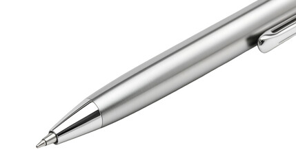 Close up of a sleek silver pen against a in a studio setting