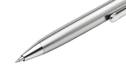Close up of a sleek silver pen against a in a studio setting