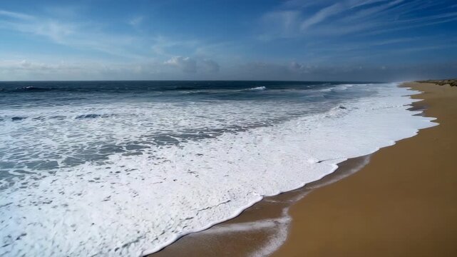 Cresting foamy ocean waves breaking onto sandy beach, spreading white foam with rhythmic ebbing