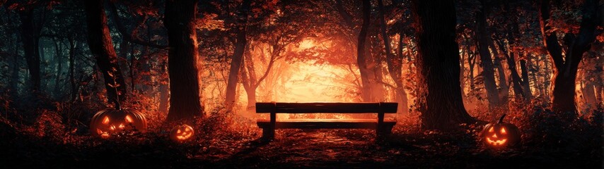 Fototapeta premium Eerie sunset: when ghostly lights illuminate the wild. Poster design. A mysterious forest sunset with haunting pumpkin illumination. Visual poster. Cinema artwork.