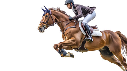Equestrian athlete riding a horse midjump during a show jumping competition event outdoors