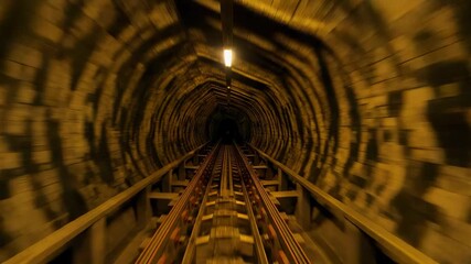 Camera starting forward movement exploring narrow brick-lined mine tunnel, with dual rails blurring - Powered by Adobe