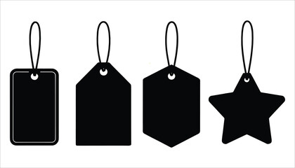 Four black silhouette gift tags and labels in different shapes on a white background price tag blank