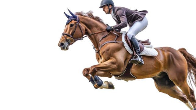 Equestrian athlete riding a horse midjump during a show jumping competition event outdoors