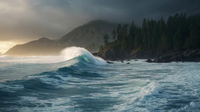 Rolling ocean swell into rocky cove under sun glow driven by breeze, curling into foam