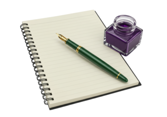 Isolated fountain pen and purple inkwell resting on a lined notebook for writing notes